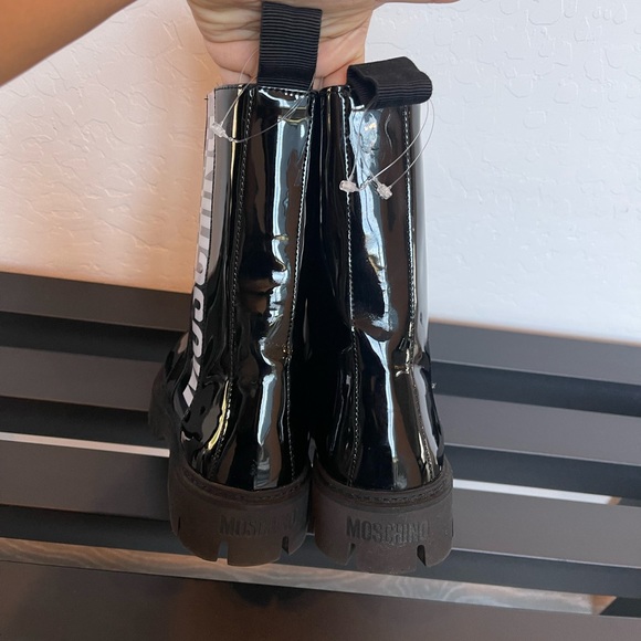 MOSCHINO Logo Synthetic Patent Leather Combat Lace Up Boot Size 39 NEW - Picture 8 of 12